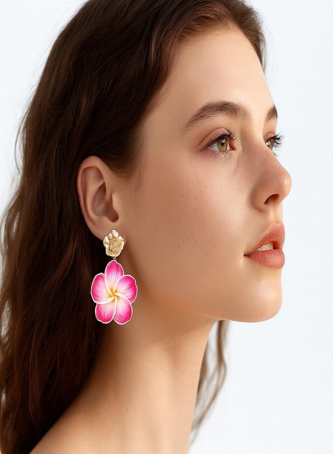 ZENCHEER Pink Flower Earrings for Women,Gold Plated Floral Drop Dangle Earrings Statement Beach Party Vacation Hawaiian Style Jewelry Gift (White Pink) - Image 2